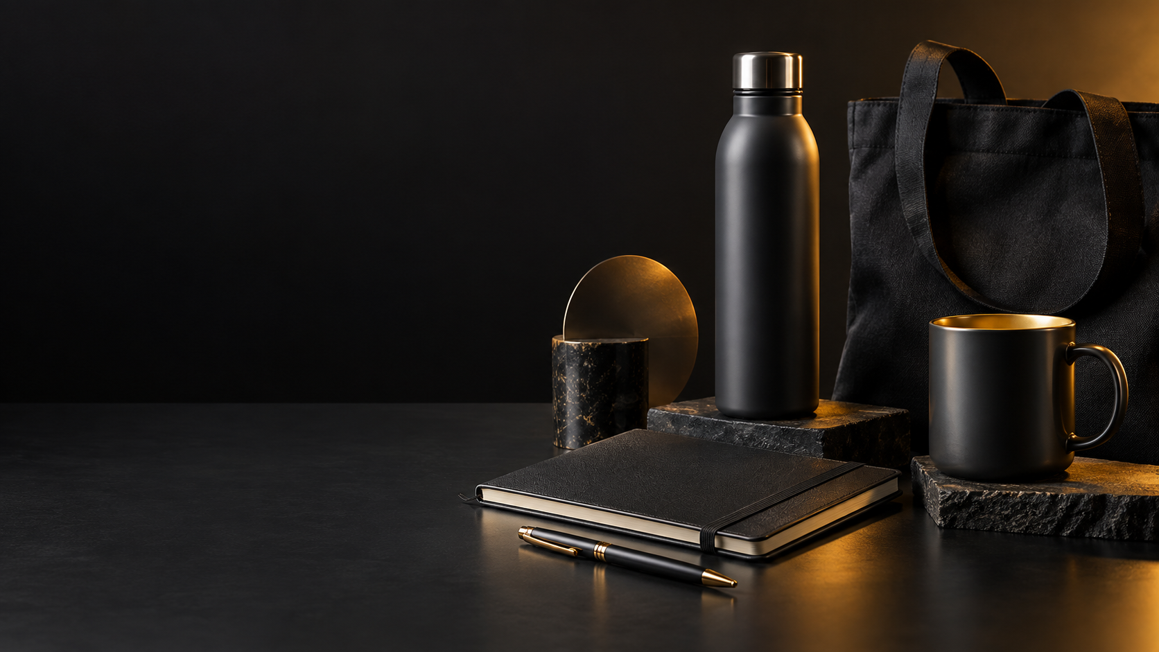 Premium corporate gifts arranged in a dark studio